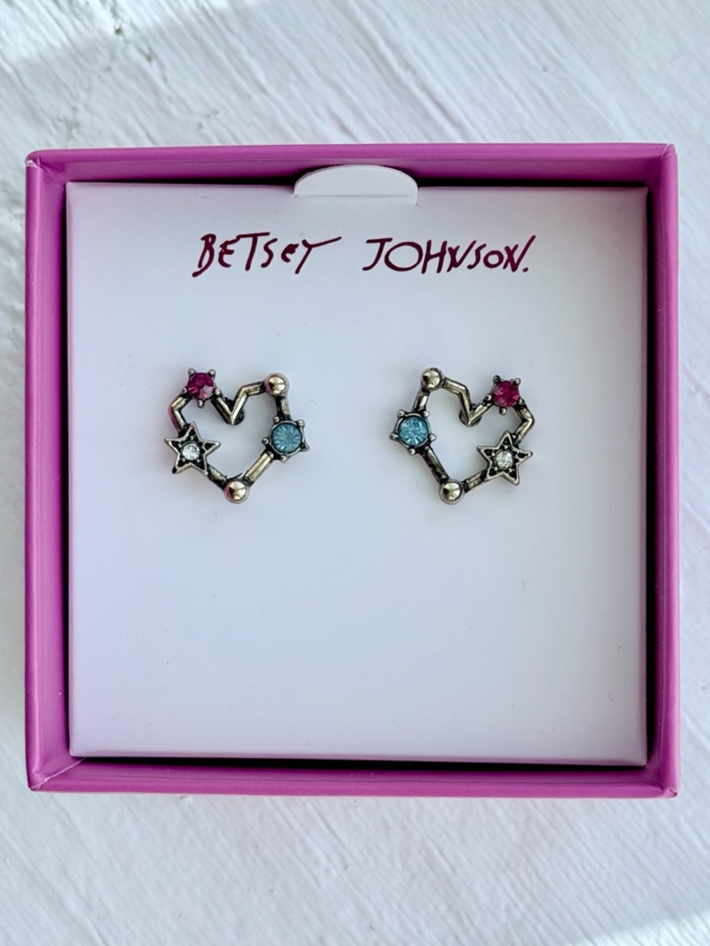 Betsey Johnson Gold Heart Cluster Stud Earrings with Pink & Teal Stones